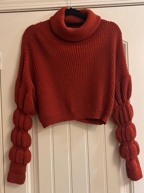 Glamorous - Bubble Puff Sleeve Cropped Turtleneck Sweater Brick Red Orange